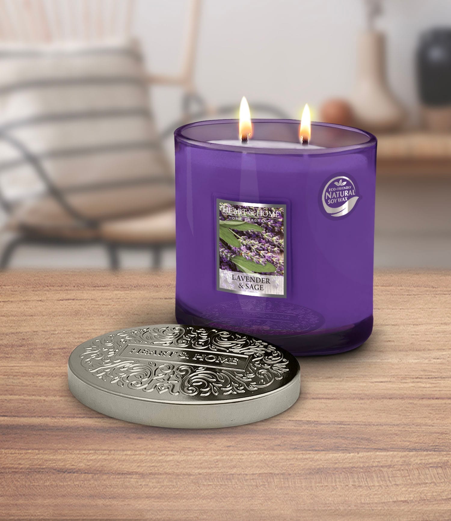 Heart & Home Lavender & Sage  Twin Wick Ellipse Soy Candle - 40 Hours Burn