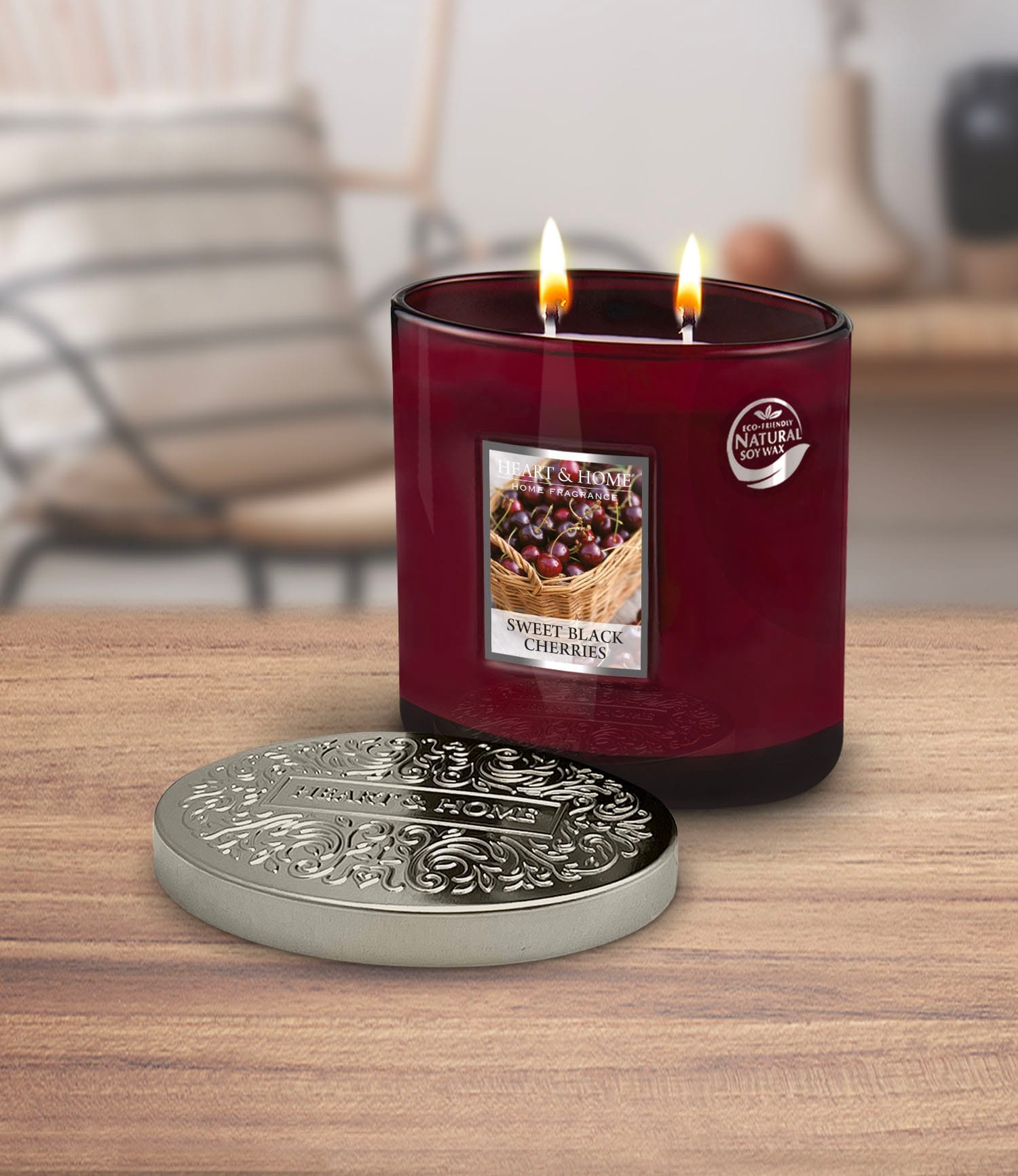 Heart & Home Sweet Black Cherries  Twin Wick Ellipse Soy Candle - 40 Hours Burn