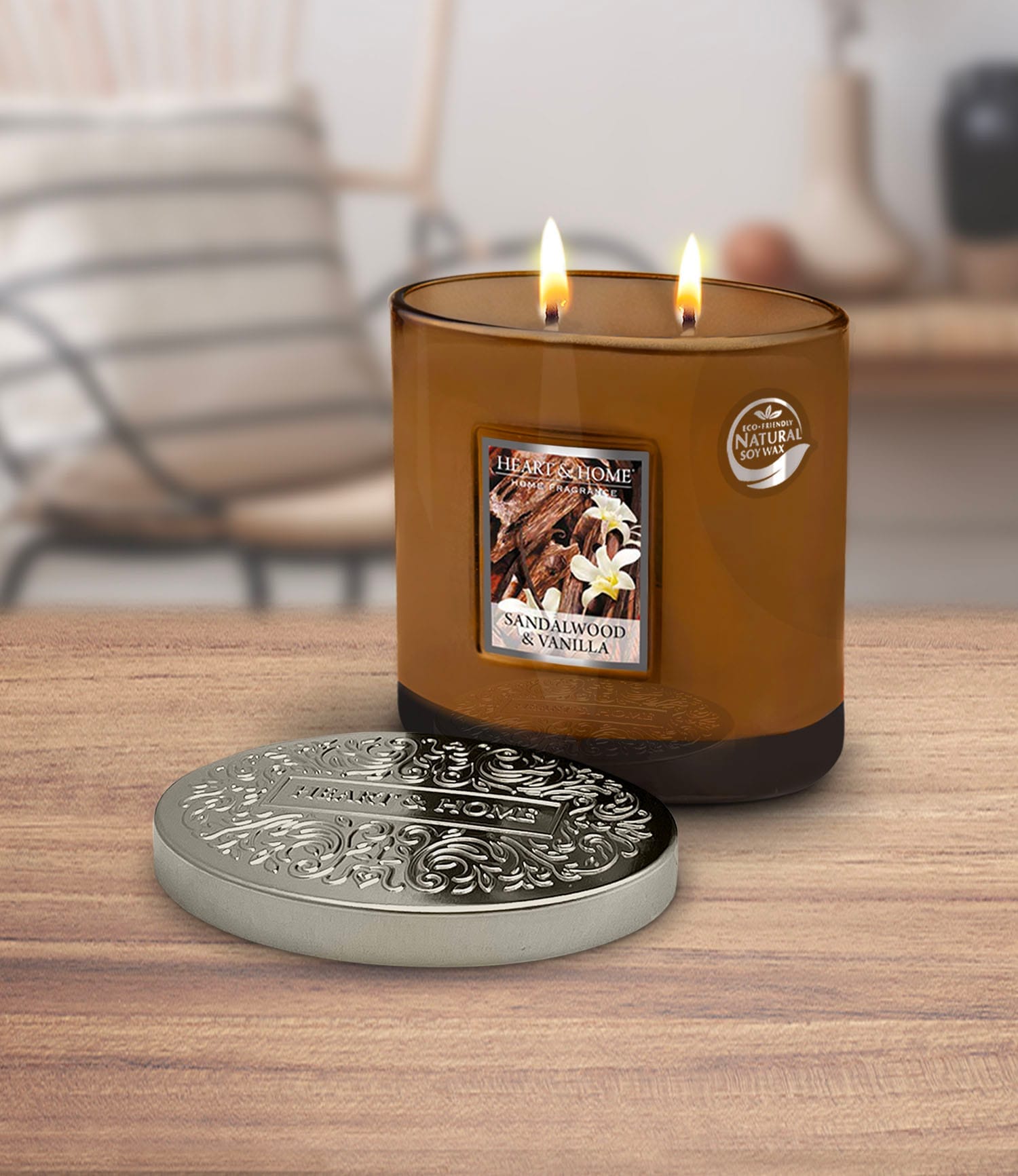 Heart & Home Sandalwood & Vanilla  Twin Wick Ellipse Soy Candle - 40 Hours Burn