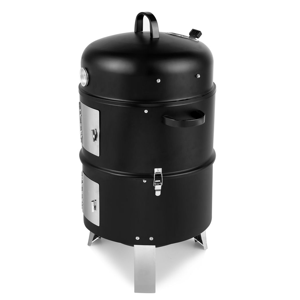 Vertical Steel Charcoal Smoker, Heavy Duty Double Layer Round BBQ Grill for Outdoor Cooking, Black